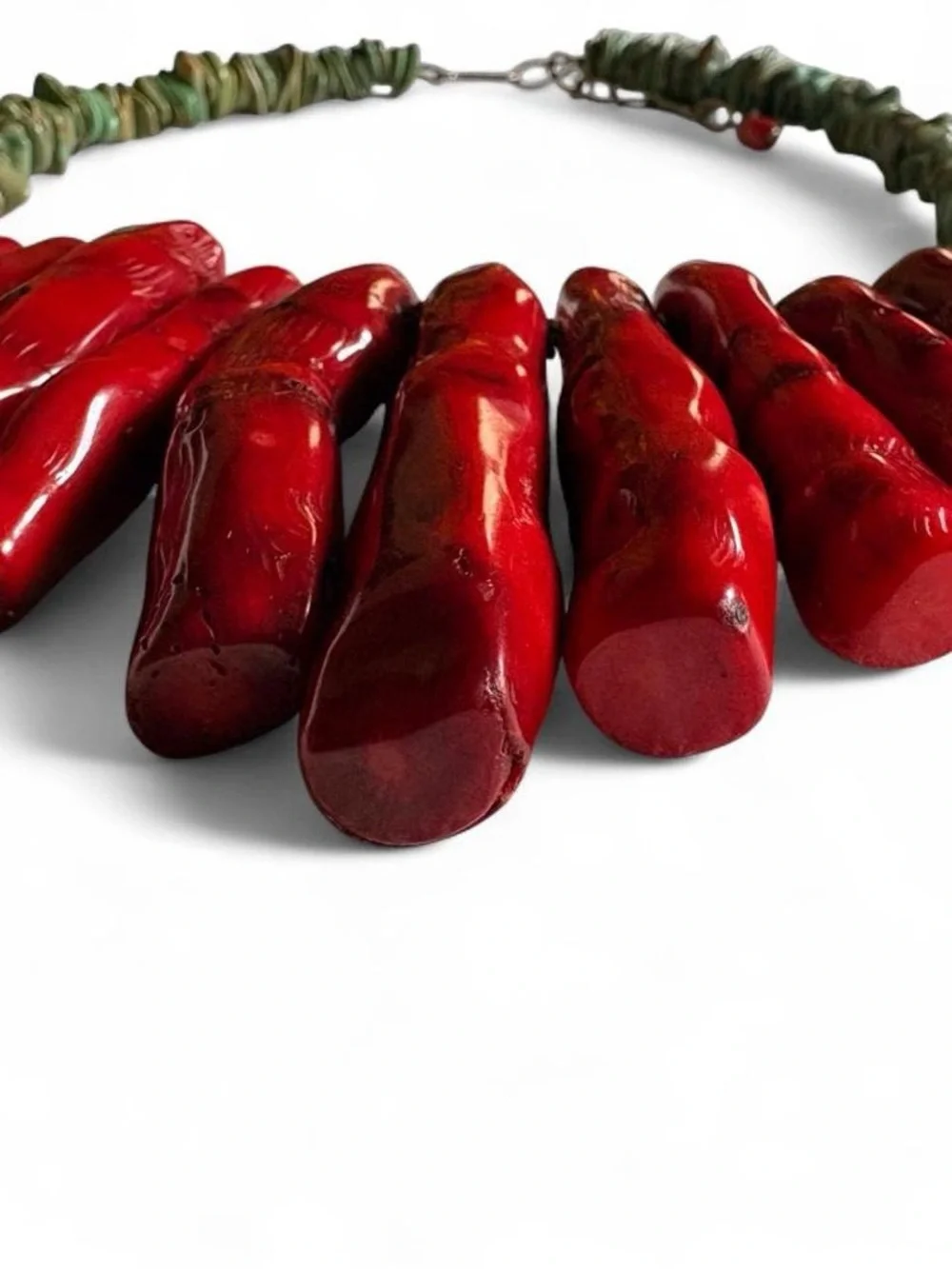 Huge Vintage Southwestern Statement Red Coral Branch Necklace Turquoise Shell